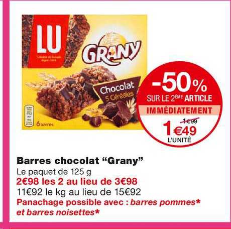 barres chocolat grany lu -50% sur le 2ème article immédiatement
