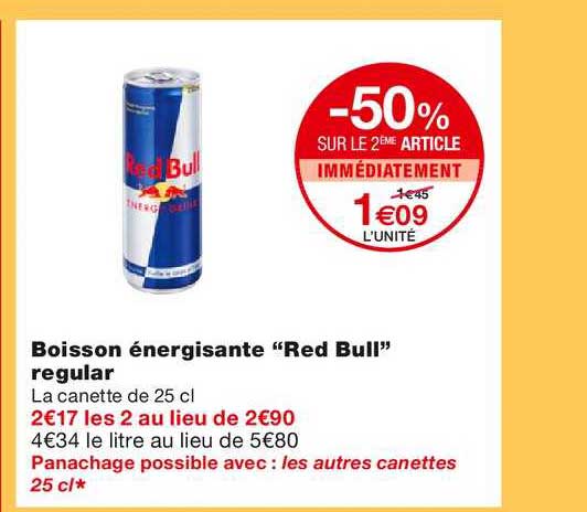 boisson énergisante red bull regular -50% sur le 2ème article immédiatement