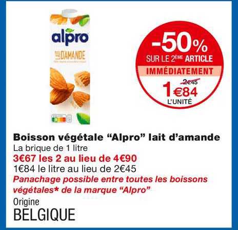 boissons végétale alpro lait d'amande -50% sur le 2ème article immédiatement