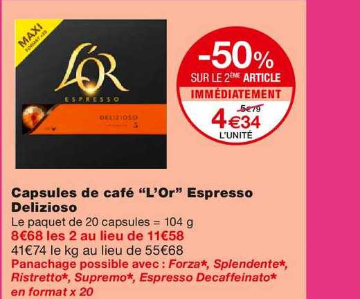 capsules de café l'or espresso delizioso -50% sur le 2ème article immédiatement