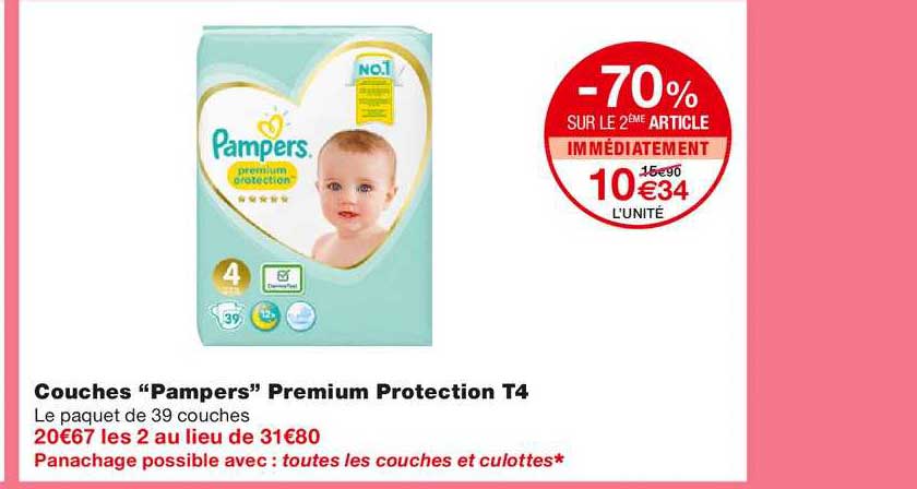 couches pampers premium protection t4 -70% sur le 2ème article immédiatement