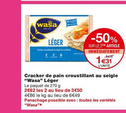 craker de pain croustillant au seigle wasa léger -50% sur le 2ème article immédiatement