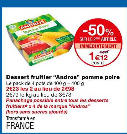 dessert fruitier andros pomme poire -50% sur le 2ème article immédiatement