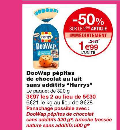 doowap pépites de chocolat au lait sans additifs harrys -50% sur le 2ème article immédiatement