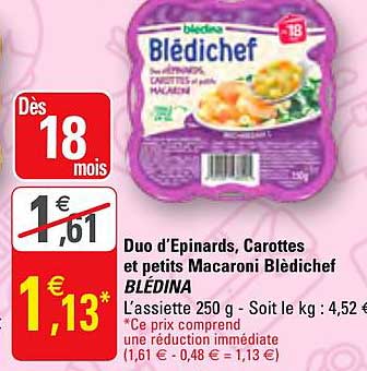 Duo D'épinards Carottes Et Petit Macaroni Blédichef Blédina