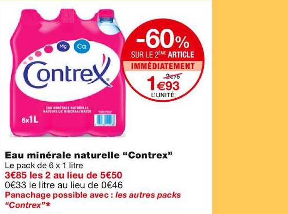 eau minérale naturelle contrex -60% sur le 2ème article immédiatement