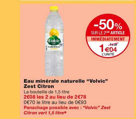eau minérale naturelle volvic zest citron -50% sur le 2ème article immédiatement