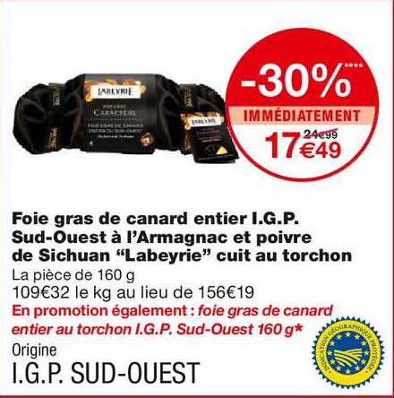 foie gras de canard entier i.g.p. sud ouest à l'armagnac et poivre de sichuan labeyrie cuit au torchon