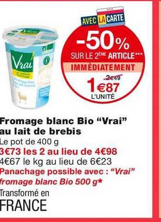 fromage blanc bio vrai au lait de brebis -50% sur le 2ème article immédiatement