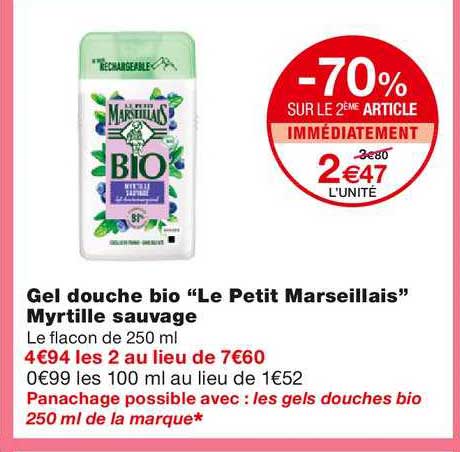 gel douche bio le petit marseillais myrtille sauvage -70% sur le 2ème article immédiatement