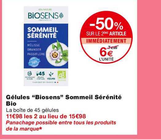 gélules biosens sommeil sérénité bio -50% sur le 2ème article immédiatement