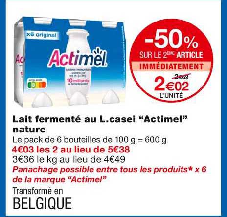 lait fermenté au l.casei actimel nature -50% sur le 2ème article immédiatement