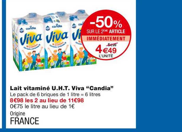 lait vitaminé u.h.t. viva candia -50% sur le 2ème article immédiatement