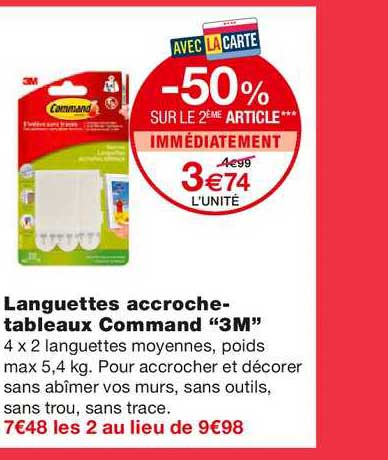 languettes accroche tableaux command 3m -50% sur le 2ème article immédiatement