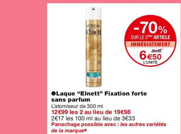 laque elnett fixation forte sans parfum -70% sur le 2ème article immédiatement