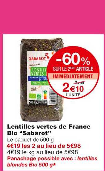lentilles vertes de france bio sabarot -60% sur le 2ème article immédiatement