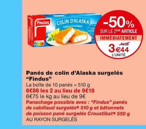 panés de colin d'alaska surgelés findus -50% sur le 2ème article immédiatement