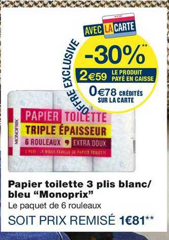 papier toilette 3 plis blanc bleu monoprix