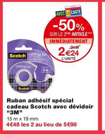 ruban adhésif spécial cadeau scotch avec dévidoir 3m -50% sur le 2ème article immédiatement