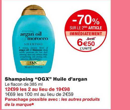 shampoing ogx huile d'argan -70% sur le 2ème article immédiatement