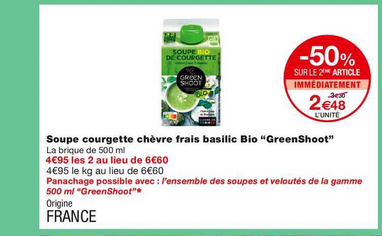 soupe courgette chèvre frais basilic bio greenshoot -50% sur le 2ème article immédiatement