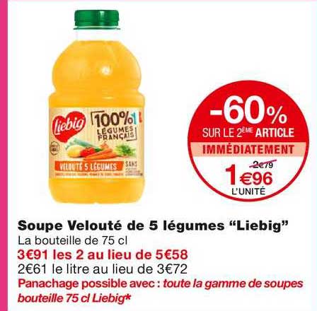 soupe velouté de 5 légumes liebig -60% sur le 2ème article immédiatement