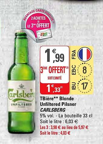 tbière blonde unfilteres pilsner carlsberg 2 achetés = le 3ème offert