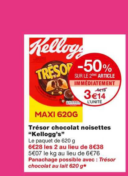 trésor chocolat noisettes kellogg's -50% sur le 2ème article immédiatement