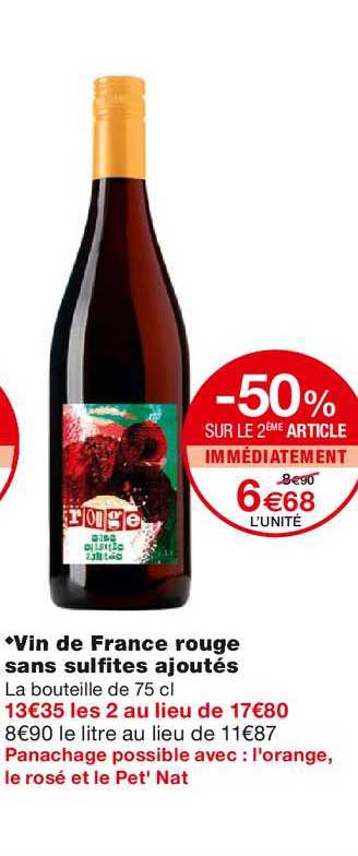 vin de france rouge sans sulfites ajoutés -50% sur le 2ème article immédiatement