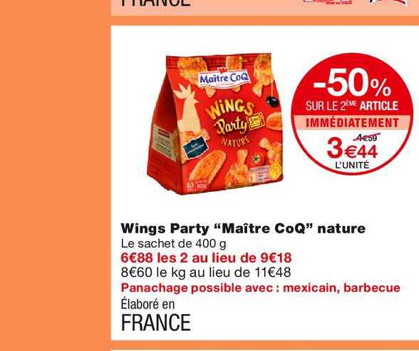 wings party maître coq nature -50% sur le 2ème article immédiatement