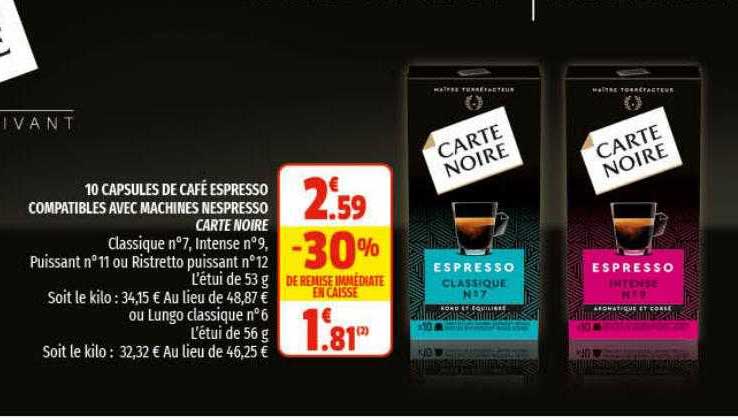 10 capsules de café espresso compatibles avec machine nespresso carte noire