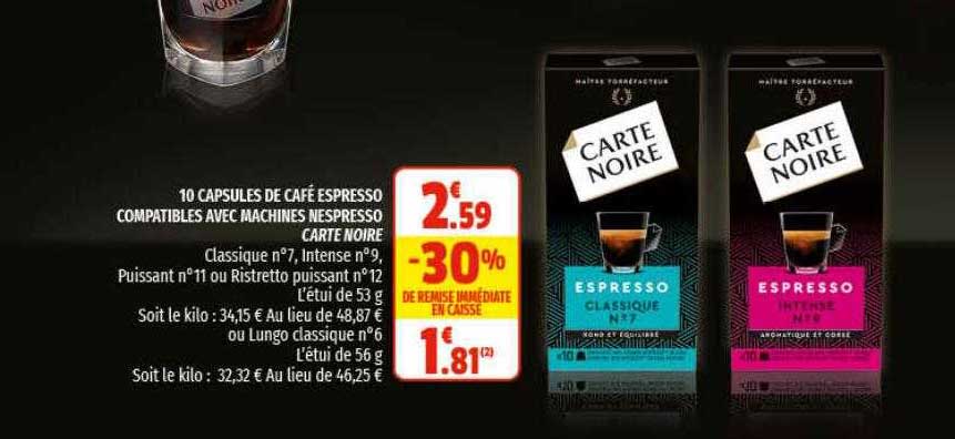 10 capsules de café espresso compatibles avec machines nespresso carte noire