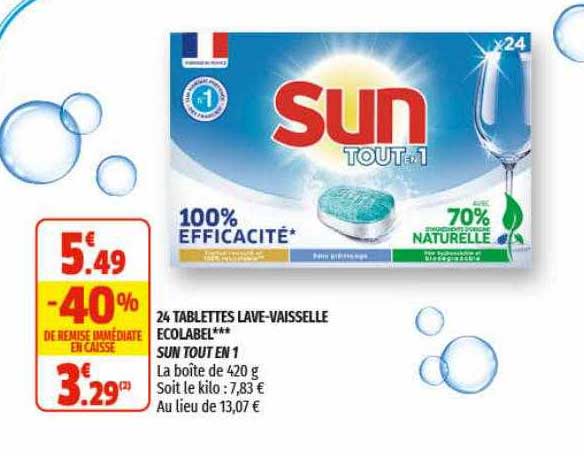 24 tablettes lave-vaisselle écolabel sun tout en 1