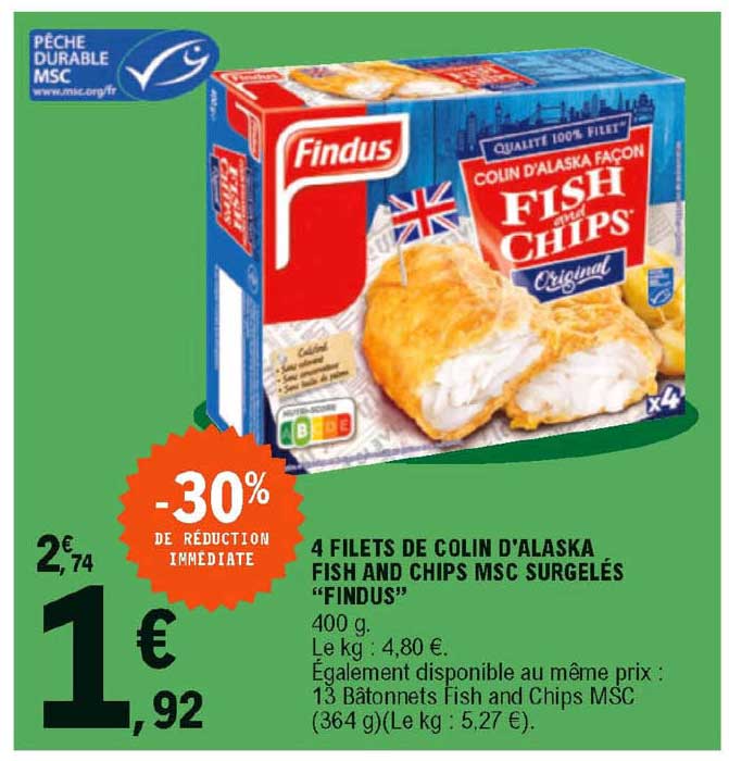 4 filets de colin d'alaska fish and chips msc surgelés "findus"