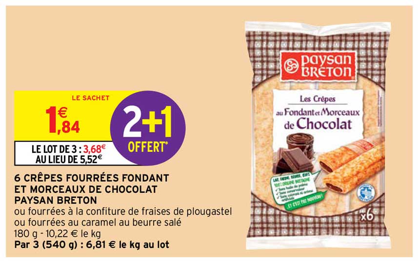 6 crêpes fourrées fondant et morceaux de chocolat paysan breton