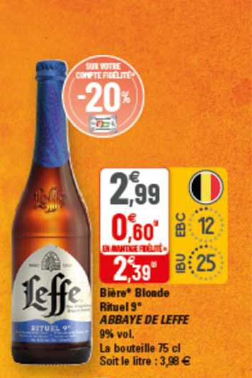 bière blonde rituel 9° abbaye de leffe 9% vol.