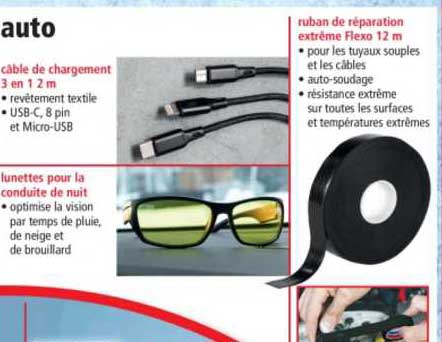 câble de chargement 3 en 1 2 m, lunettes pour la conduite de nuit, ruban réparation extrême flexo 12 m