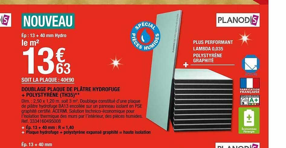doublage plaque de plâtre hydrofuge + plystyrène (th35) planodis