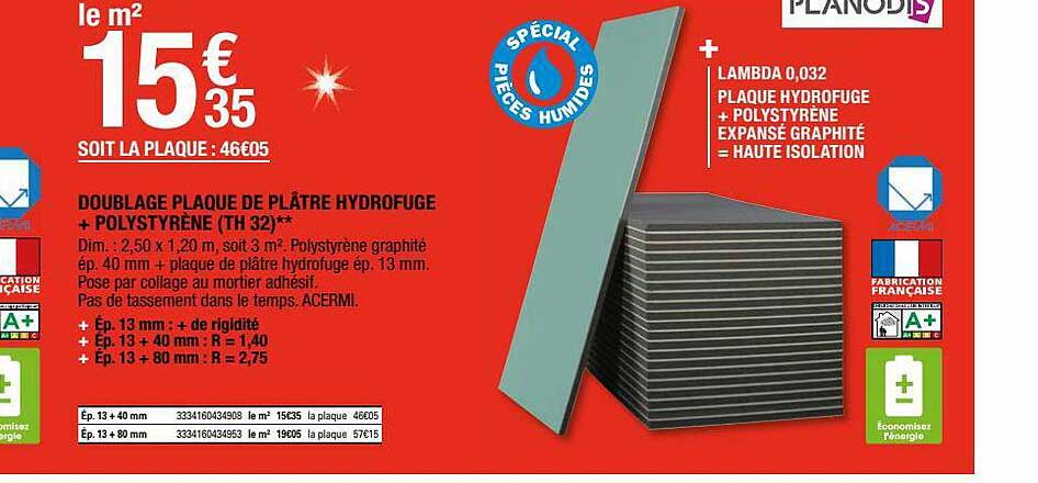 doublage plaque de plâtre hydrofuge + polystyrène (th 32) planodis