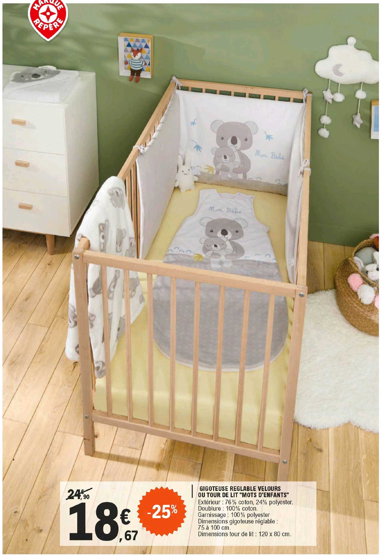 gigoteuse réglable velours ou tour de lit "mots d'enfants"