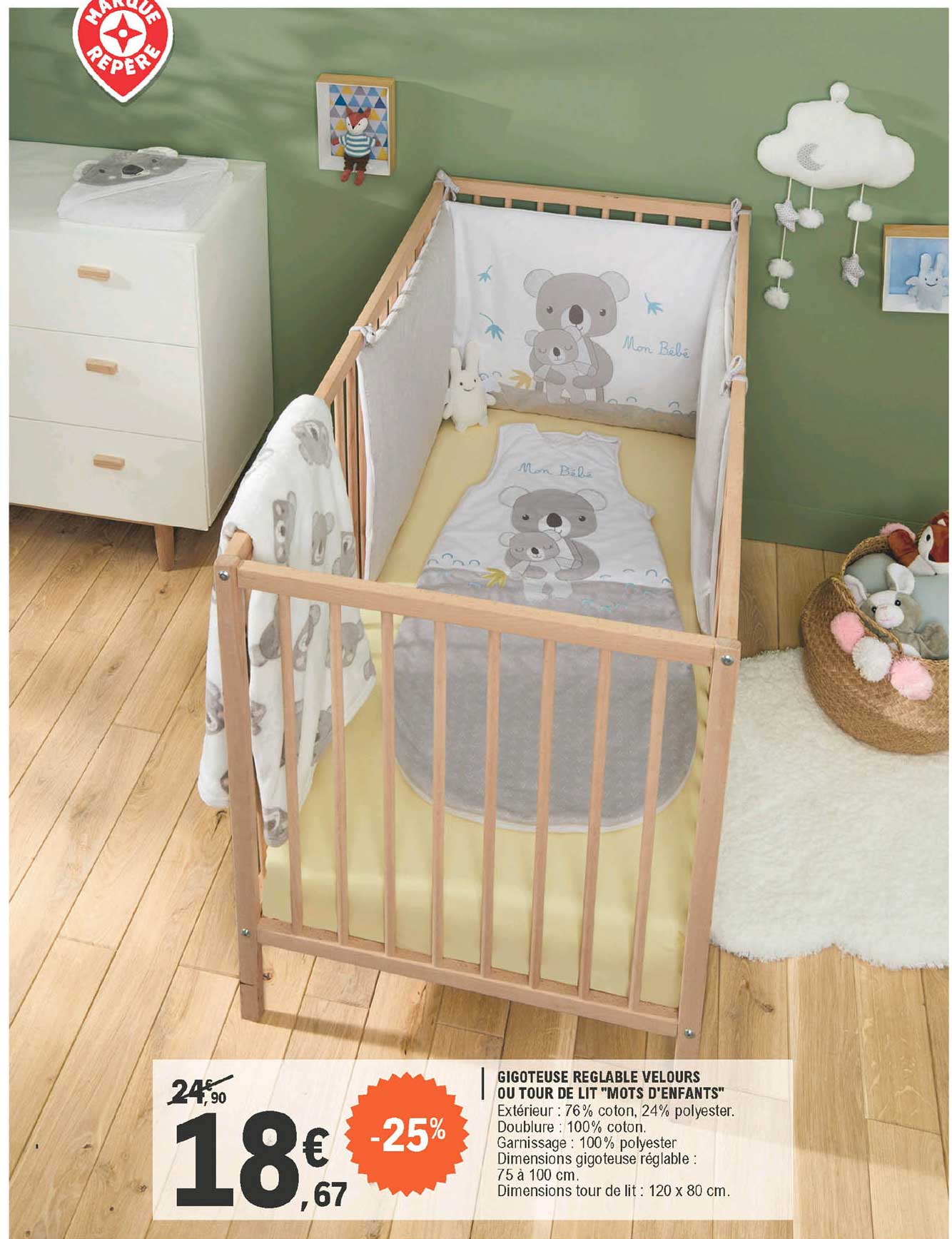 gigoteuse réglable velours ou tour de lit "mots d'enfants"