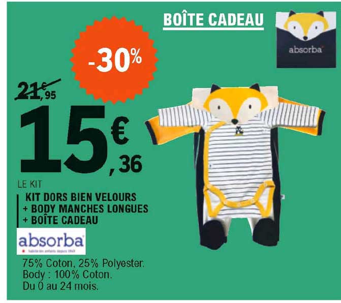 kit dors bien velours + body manches longue + boîte cadeau absorba