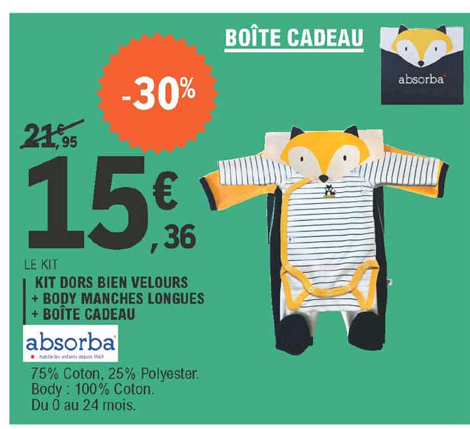 kit dors bien velours + body manches longues + boîte cadeau absorba