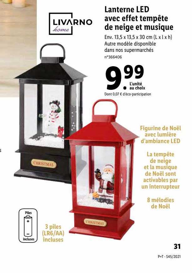 lanterne led avec effet tempête de neige et musique livarno home