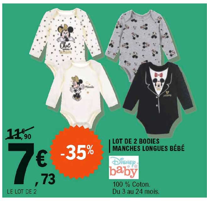 lot de 2 bodies manches longues bébé disney baby