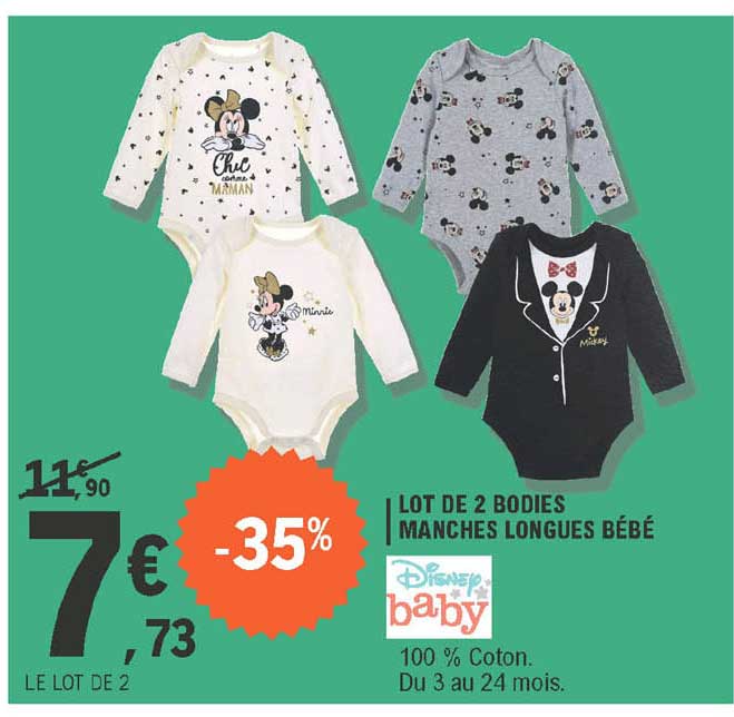 lot de 2 bodies manches longues bébé disney baby