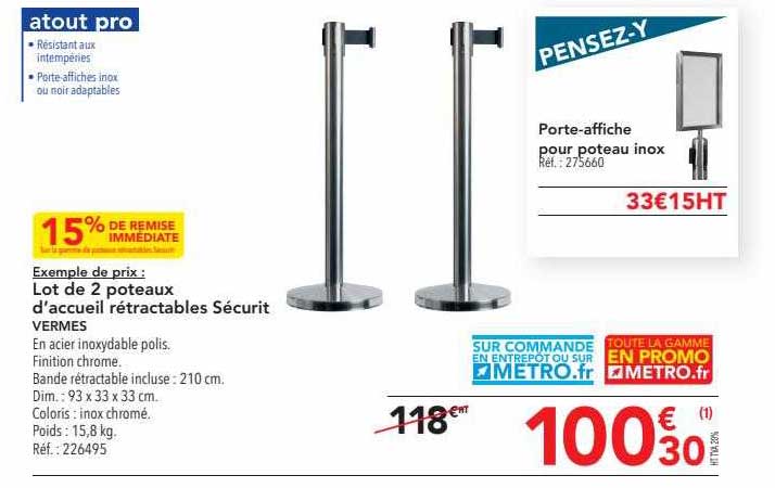 lot de 2 poteaux d'accueil rétractable sécurit vermes