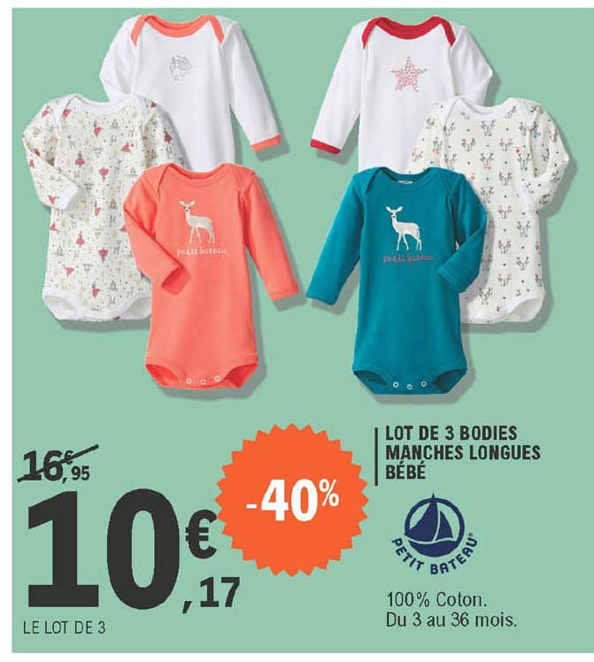 lot de 3 bodies manches longues bébé petit bateau