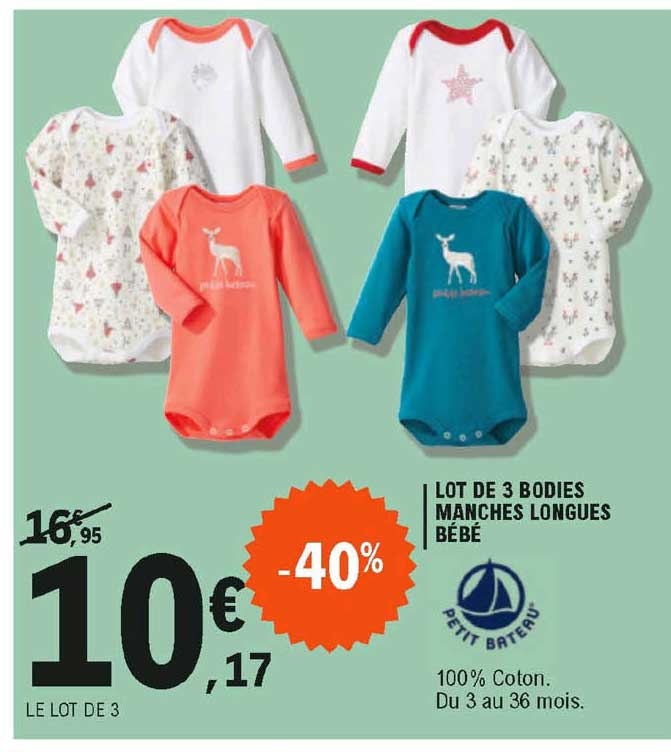lot de 3 bodies manches longues bébé petit bateau