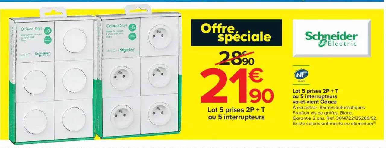 lot de 5 prises 2p + t ou 5 interrupteurs va-et-vient odace